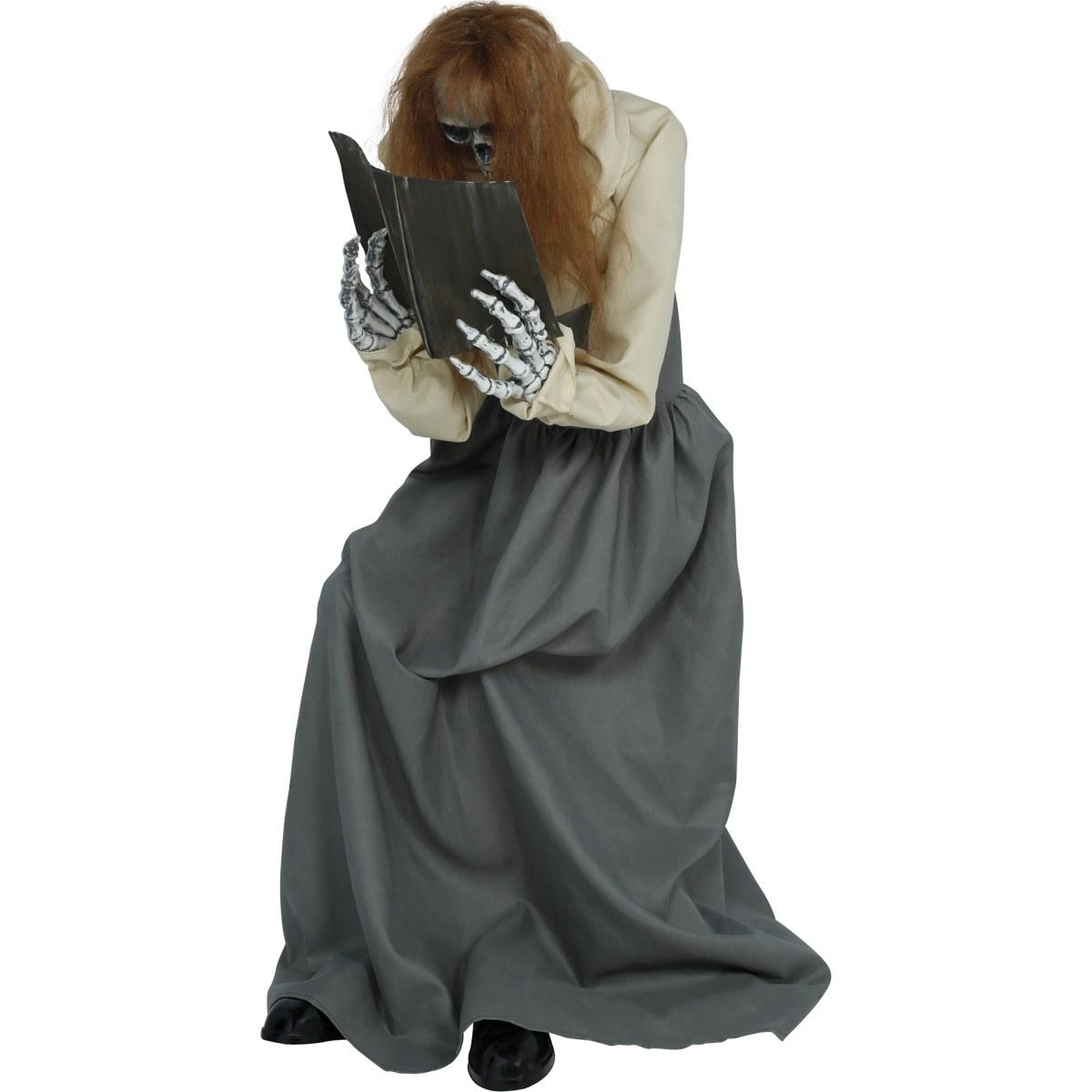 Donna zombie seduta con libro luci suono movimento 130 cm