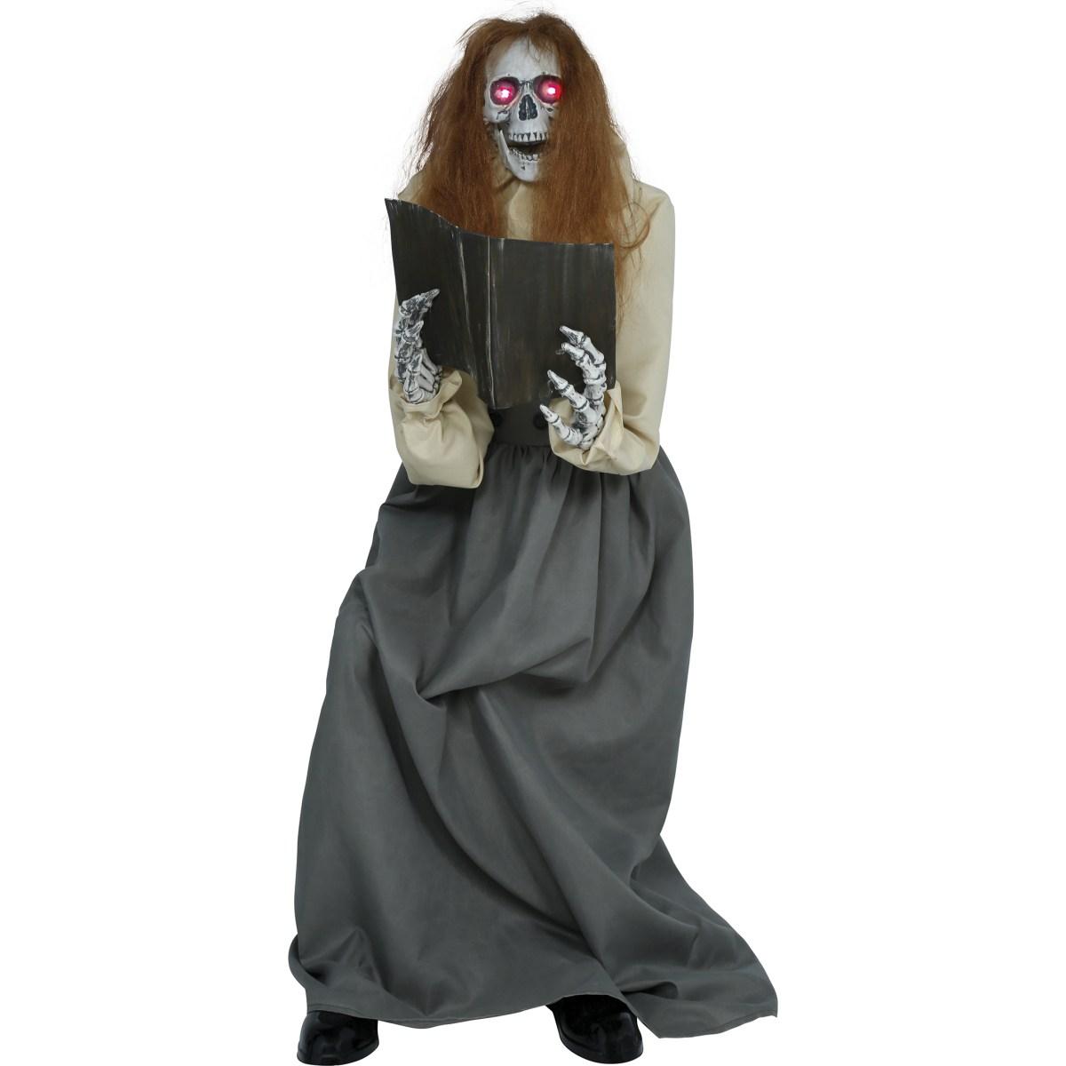 Donna zombie seduta con libro luci suono movimento 130 cm