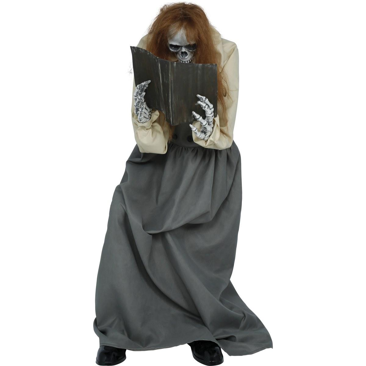Donna zombie seduta con libro luci suono movimento 130 cm