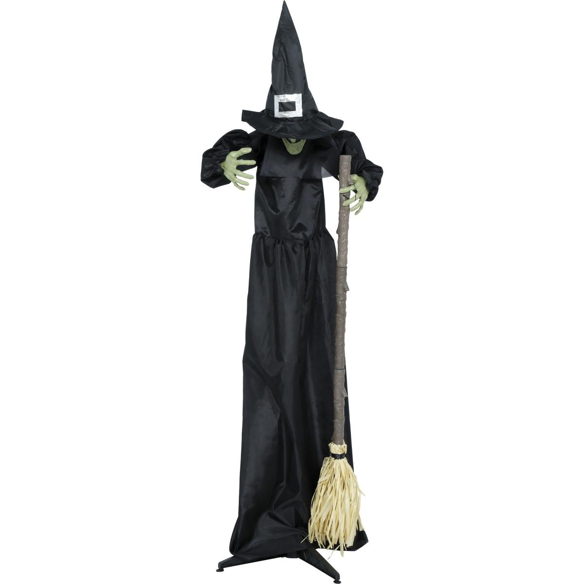 Strega spaventapasseri con scopa luci suono movimento 185 cm