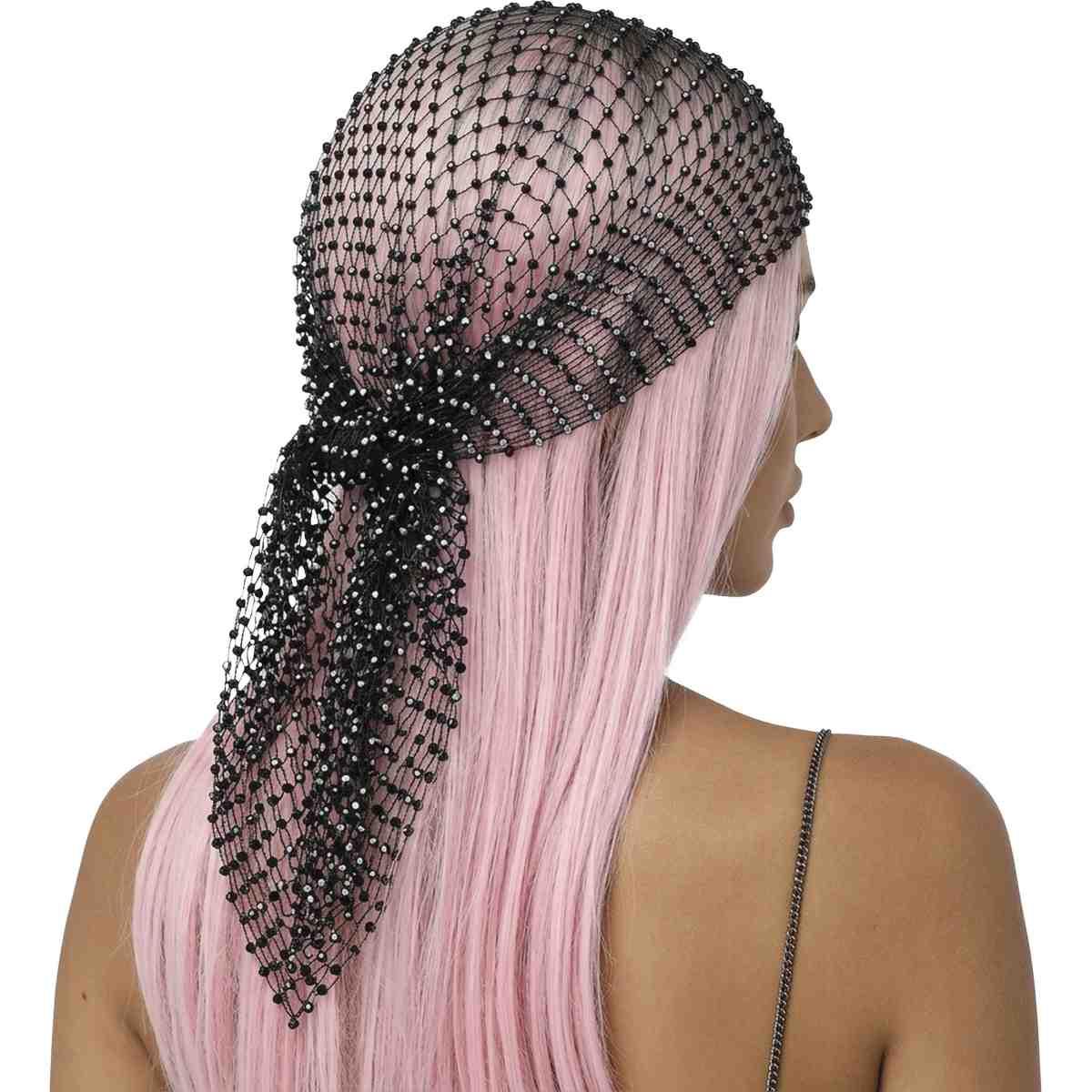 Bandana foulard rete nera con strass 100 x 16 cm