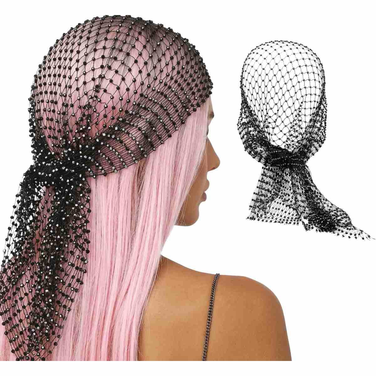 Bandana foulard rete nera con strass 100 x 16 cm