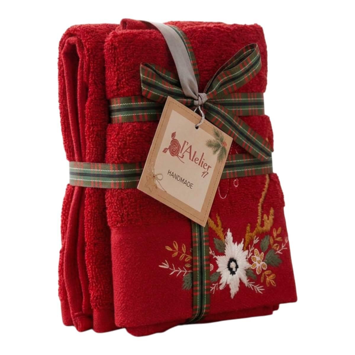 Atelier17 Set Asciugamani Natale Cotone 1+1 Rosso Ricamo Natalizio