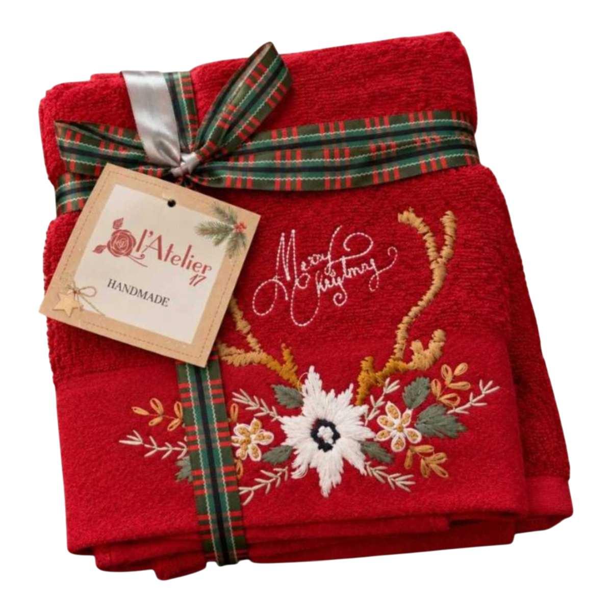 Atelier17 Set Asciugamani Natale Cotone 1+1 Rosso Ricamo Natalizio
