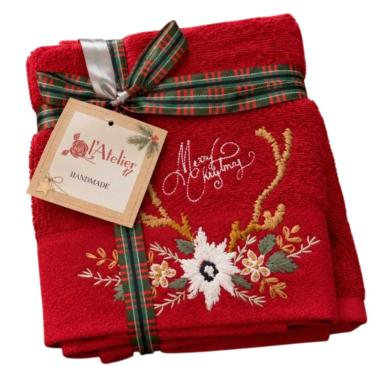 Asciugamano Natale cotone rosso viso e ospite ricamo natalizio set 2 pz