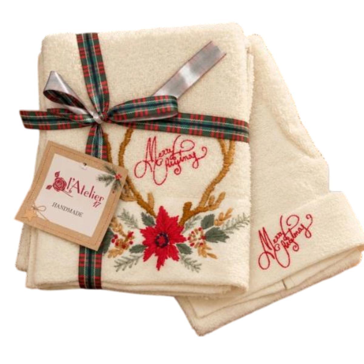 Atelier17 Set Asciugamani Natale 1+1 in Cotone Bianco con Ricamo Natalizio