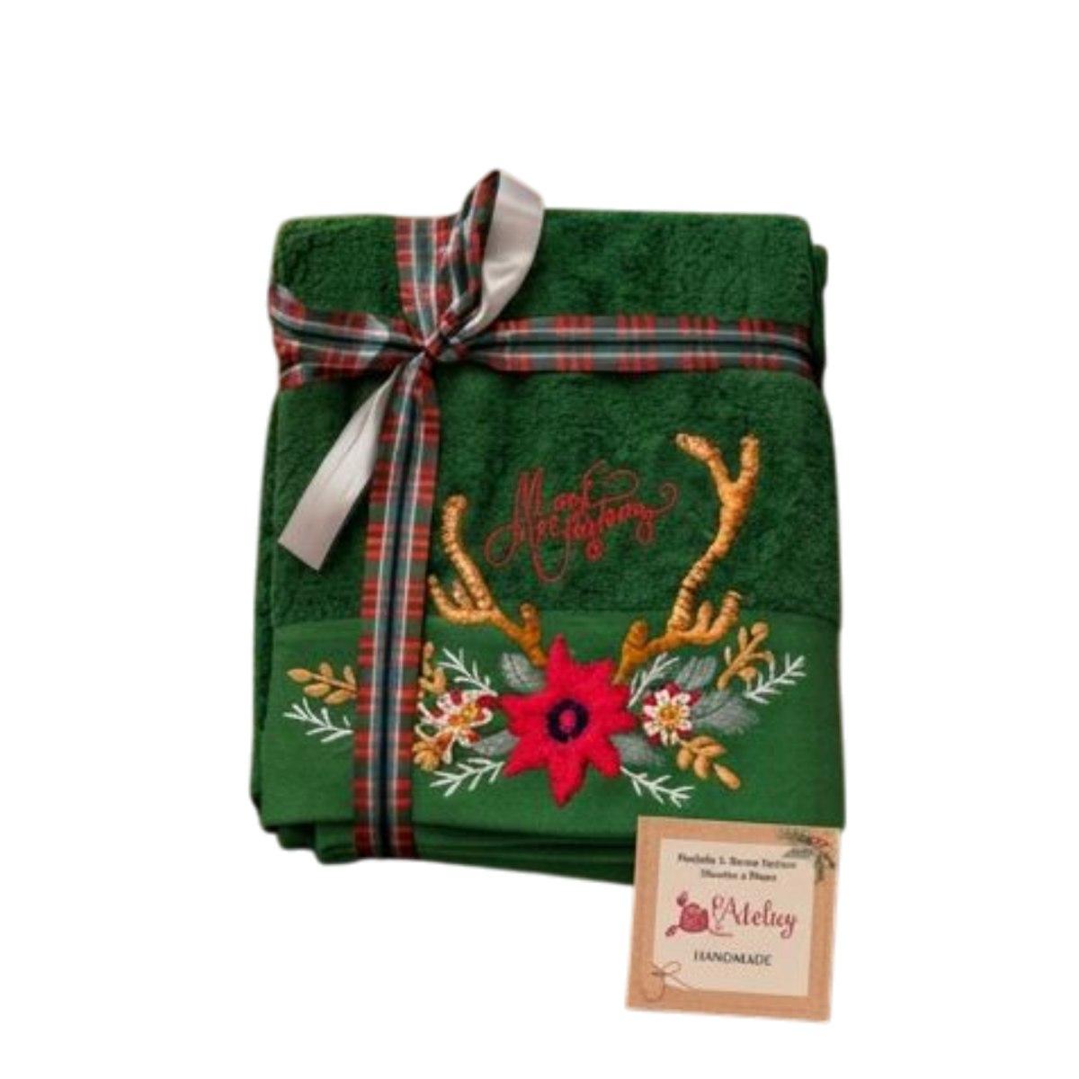 Atelier17 Set Asciugamani Natale 1+1 in Cotone Verde con Ricamo Natalizio