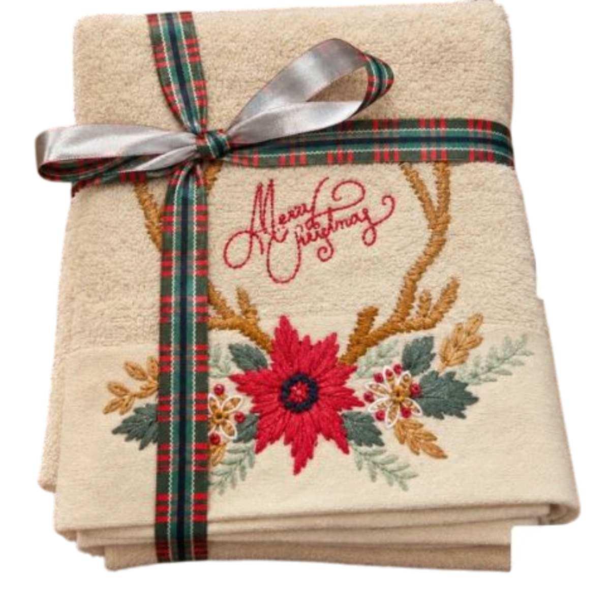 Atelier17 Set Asciugamani Natale 1+1 in Cotone Beige con Ricamo Natalizio