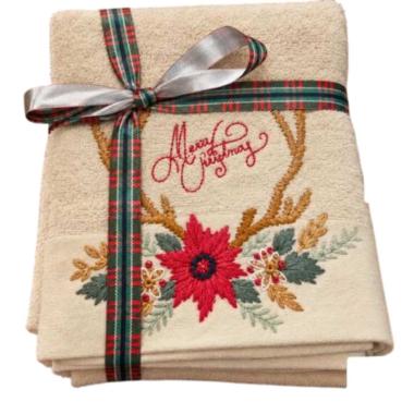 Asciugamano Natale cotone beige viso e ospite ricamo natalizio set 2 pz