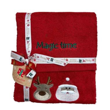 Asciugamano Natale cotone rosso viso e ospite ricamo pupazzi natalizi set 2 pz