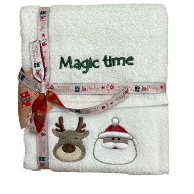 Asciugamano Natale cotone bianco viso e ospite ricamo pupazzi natalizi set 2 pz