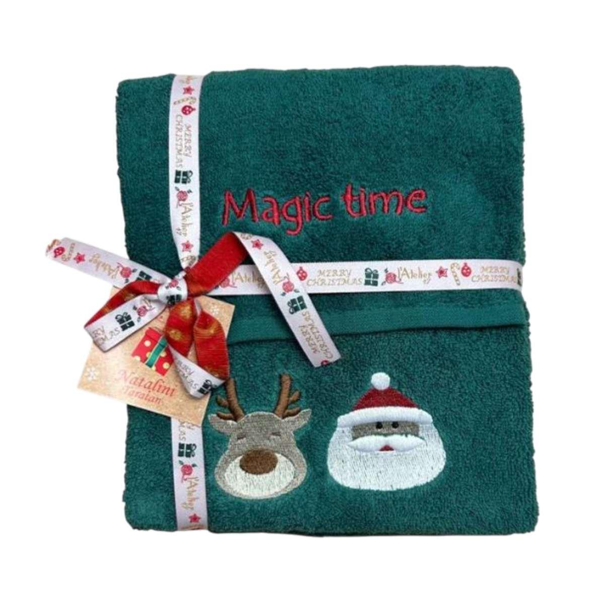 Atelier17 Set Asciugamani Natale 1+1 in Cotone Verde con Ricamo Pupazzi
