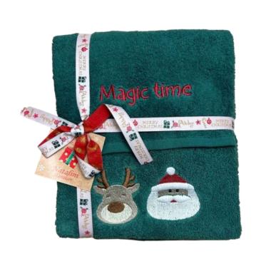 Asciugamano Natale cotone verde viso e ospite ricamo pupazzi natalizi set 2 pz