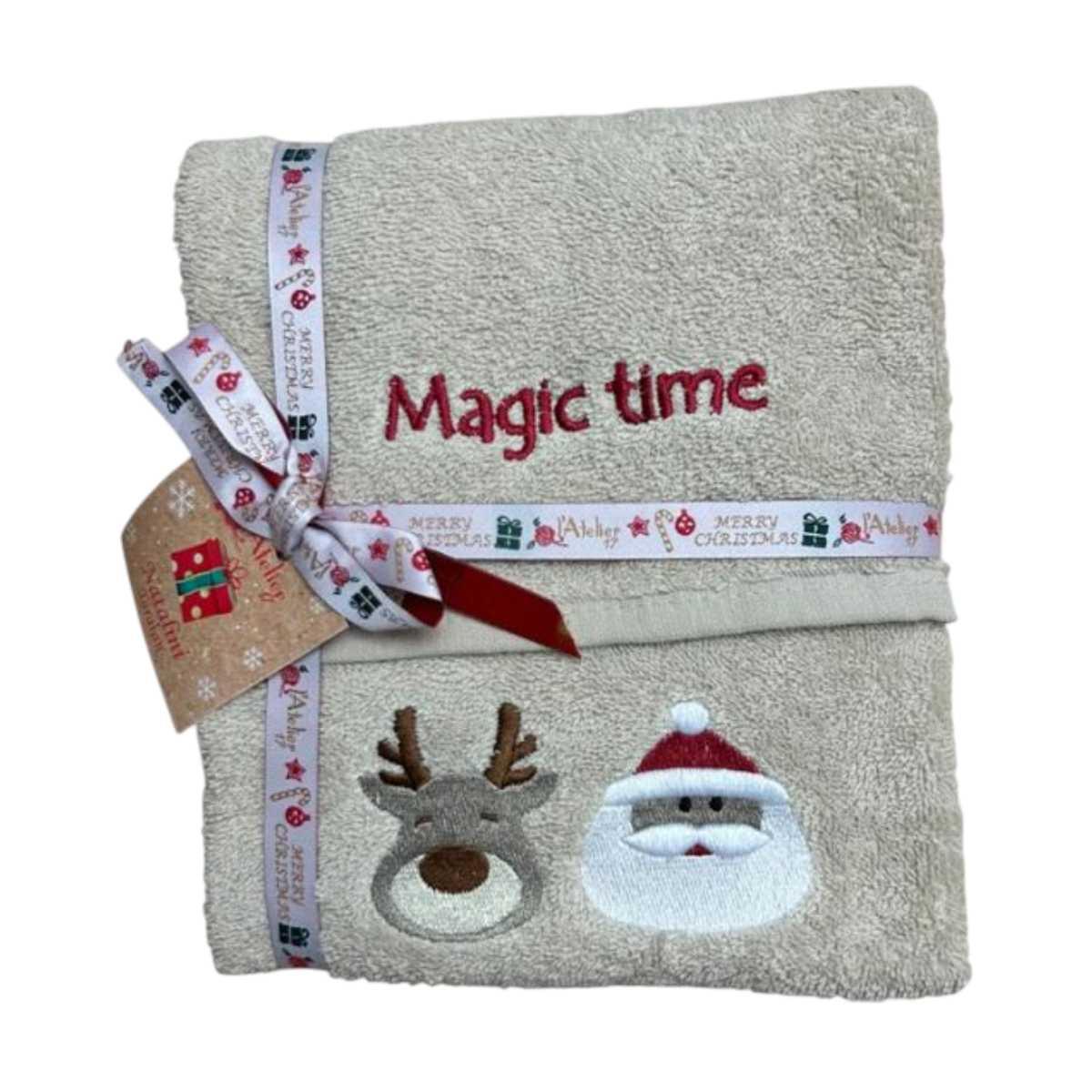 Atelier17 Set Asciugamani Natale 1+1 Cotone Beige Ricamo Pupazzi
