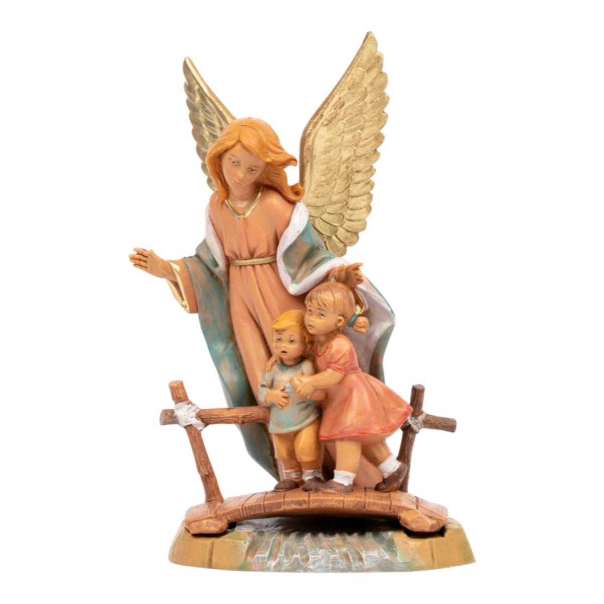 Statua 18 cm angelo custode con bambini sul ponte