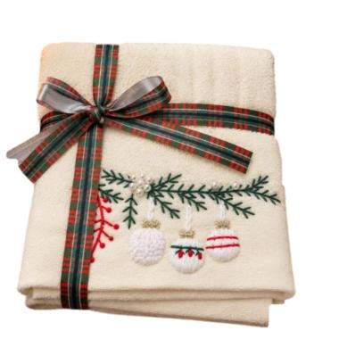 Asciugamano Natale cotone 1+1 bianco ricamo palline natalizie
