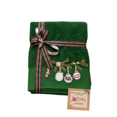 Asciugamano Natale cotone 1+1 verde ricamo palline natalizie
