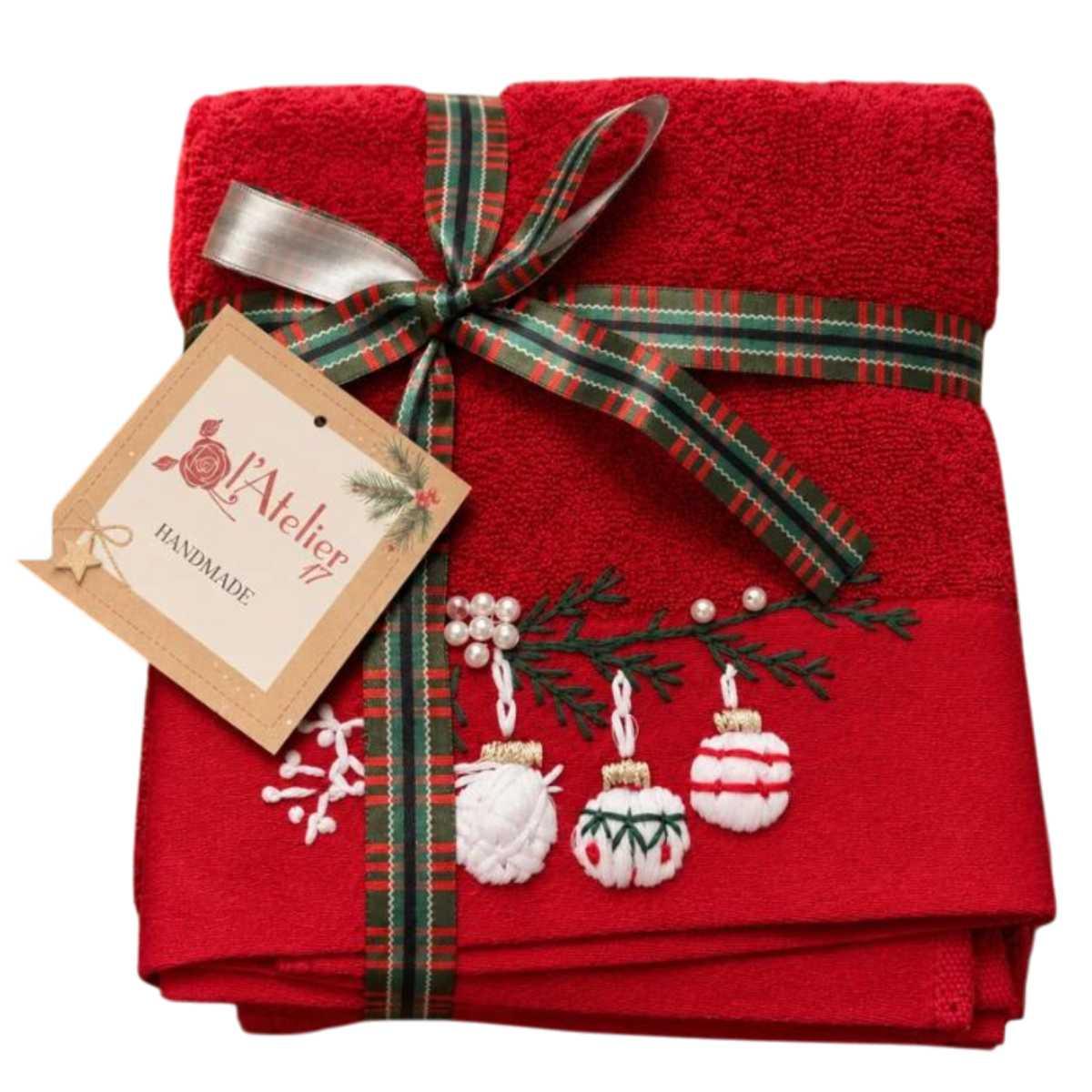 Asciugamano Natale cotone 1+1 rosso ricamo palline natalizie