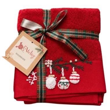 Asciugamano Natale cotone 1+1 rosso ricamo palline natalizie