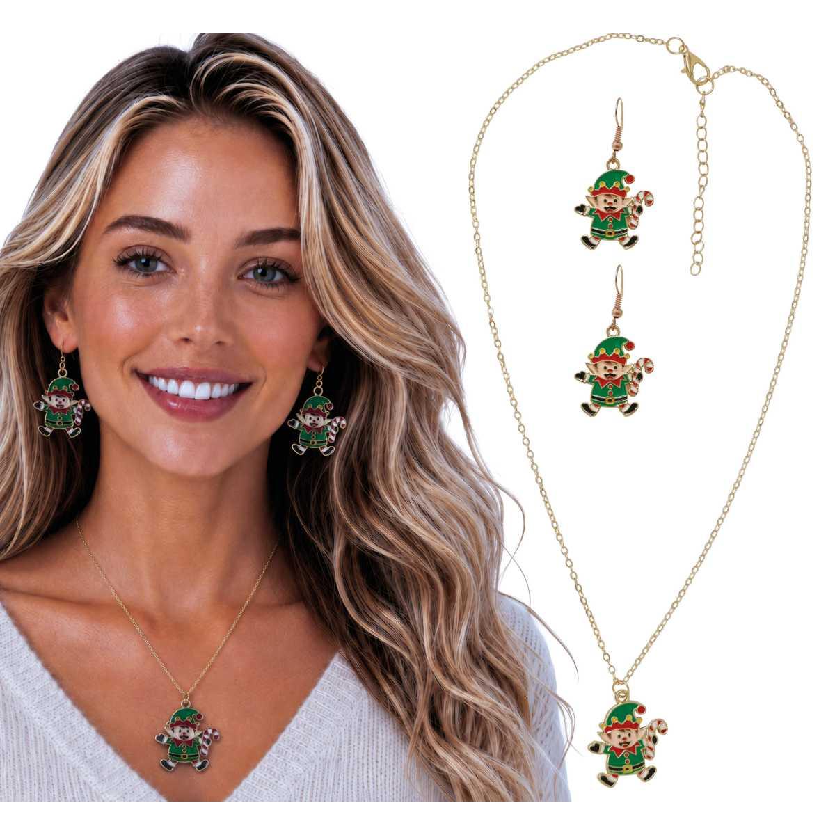 Collana e orecchini Natale con elfi in metallo