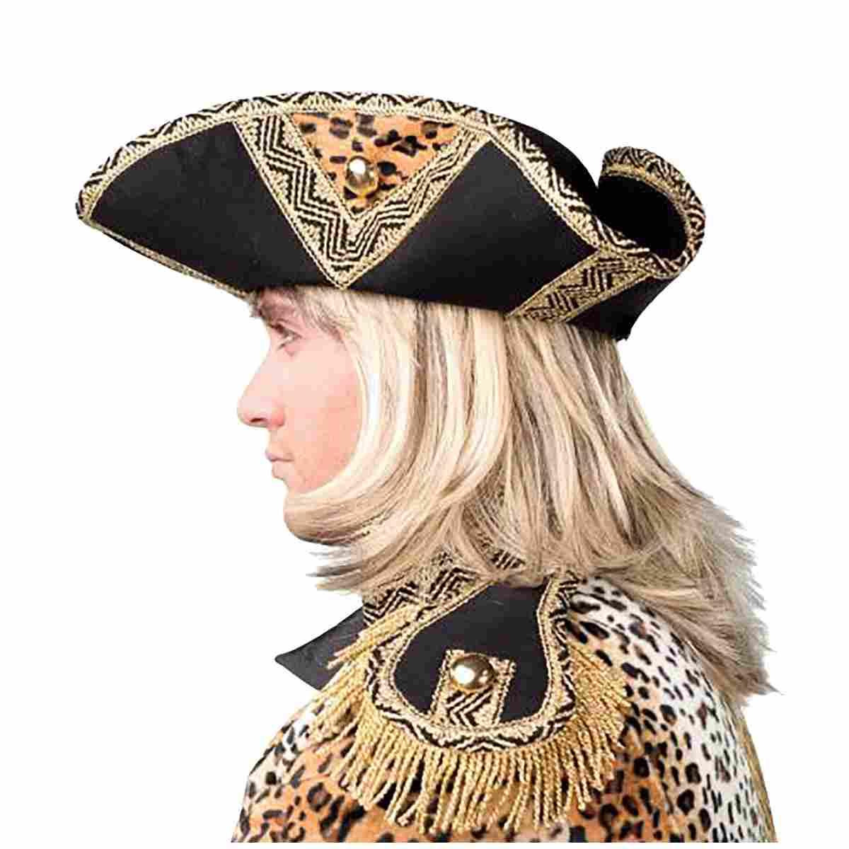 Cappello Tricorno Nero con Decoro Vellutato Leopardato