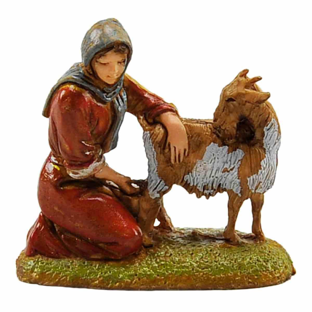 Statua presepe 6 cm mungitrice con capretta
