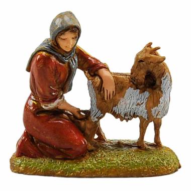 Statua presepe 6 cm mungitrice con capretta