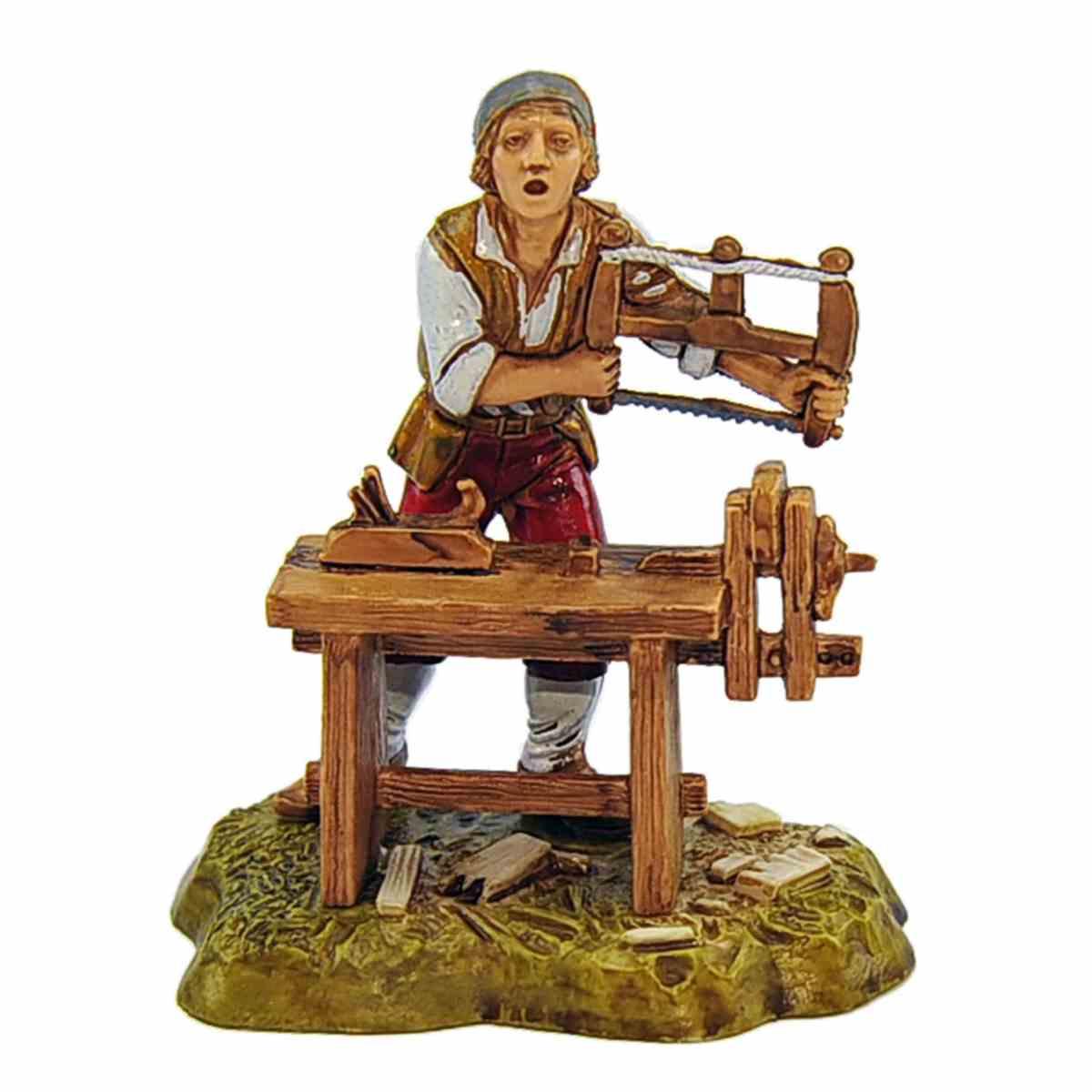 Statua presepe 10 cm falegname con banco lavoro e sega