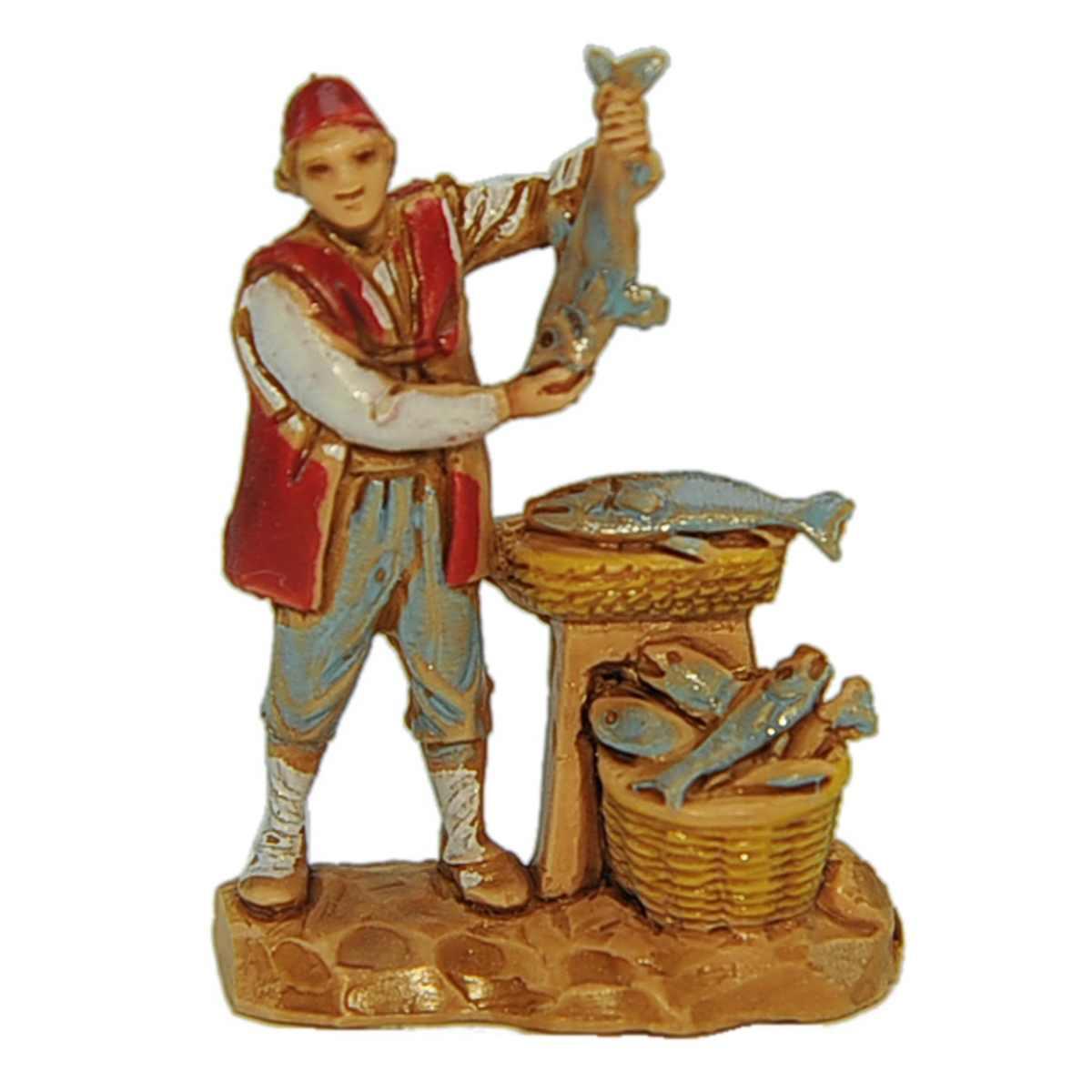 Statua presepe 3,5 cm pescivendolo con ceste di pesce